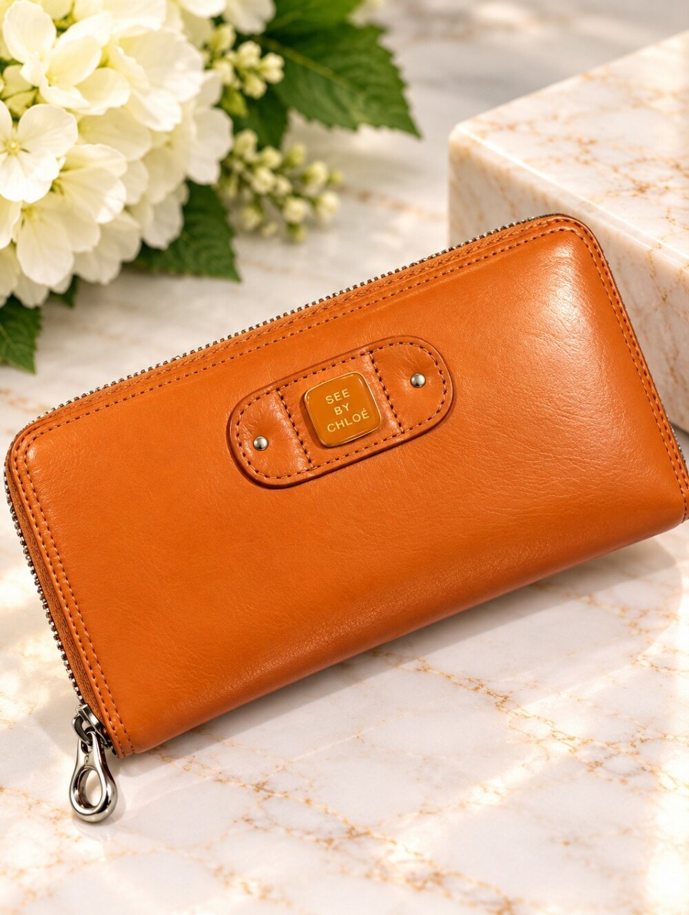 See by Chloé Orange Leather Zip Around Continental Wallet Designer Clutch